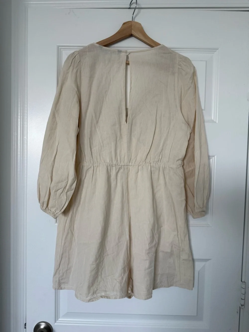 Zara Crochet Romper Medium Beige Balloon Sleeve Lightweight Coastal Linen Cotton